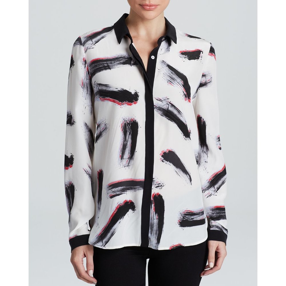 Size XS Dylan Gray Brushstroke Print Silk Blouse